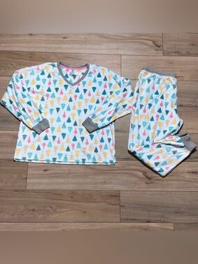 Cuddl Duds Women Two Piece Christmas Tree Print Pajama Set Size XL Light Blue